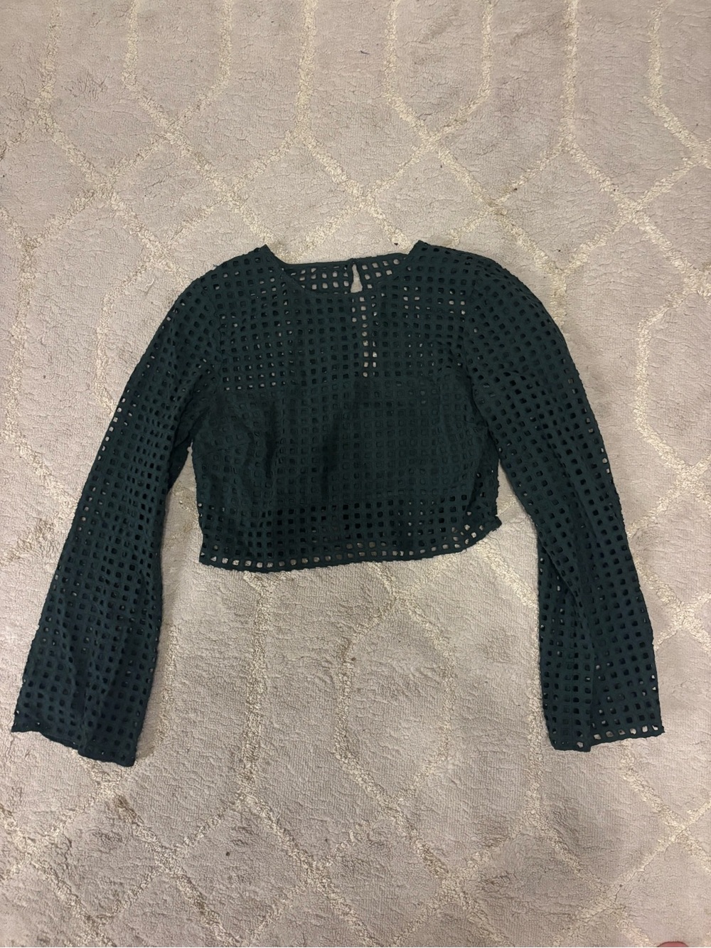 Green Eyelet Long-Sleeve Crop Top